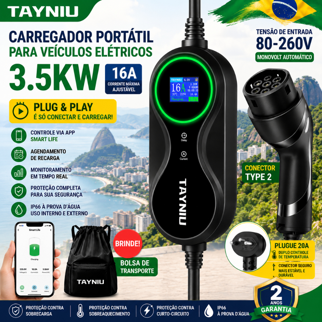 TAYNIU Carregador de Veículo Elétrico 3.5kW 5m Tipo 2 Portátil Compatível com BYD Dolphin, Caoa Chery iCar e Outros