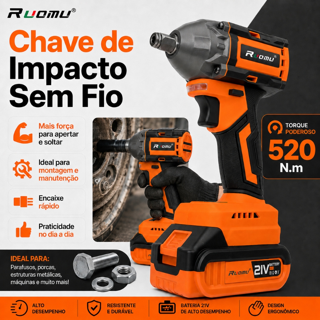 Detalhes do Furadeira parafusadeira+chave de impacto kit 21V 2 Bateria 520N.M Brushless
