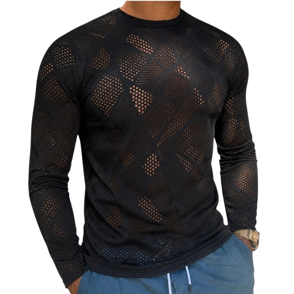 Camiseta Masculina Transparente Tela Arrastão Slim Fit Manga Longa Moda Praia Balada