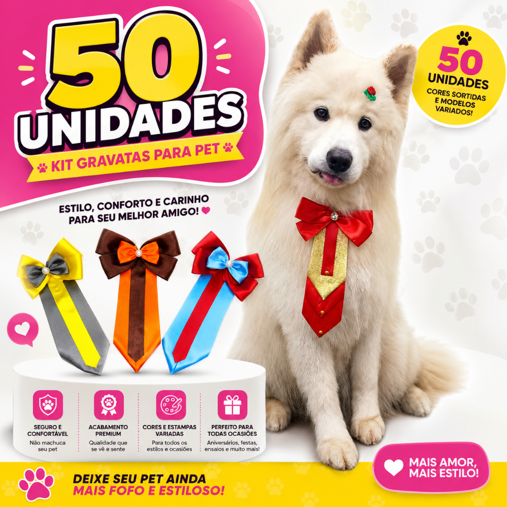 Kit 50 Gravatões G Para Pet Cores e Estampas Sortidas Macho Cachorro e Gato Banho e Tosa Promoção