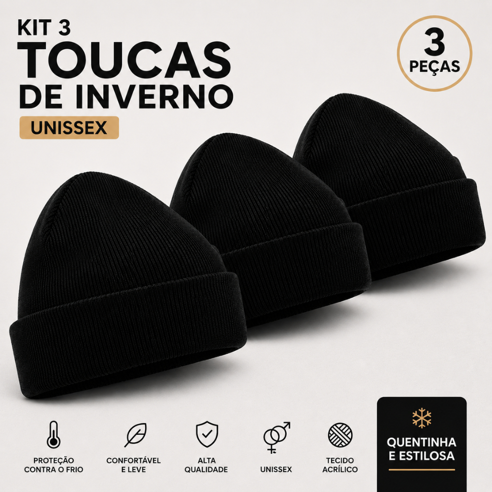 Kit 3 Gorro Touca de Frio Preta Básica de Lã Casual Feminina Masculina Tamanho Infantil e Adulto