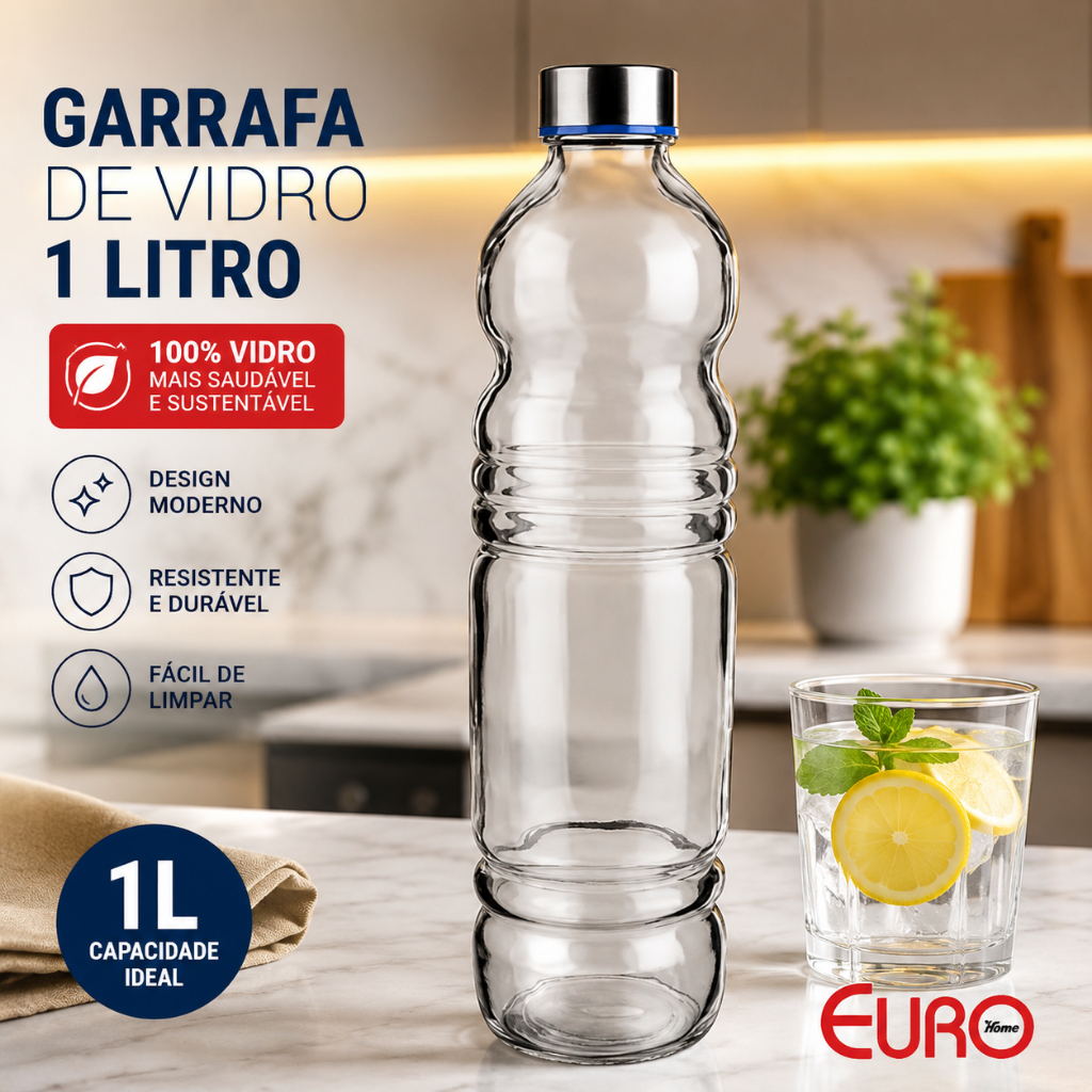 Garrafa de Vidro Redonda 1Litro Tampa Inox Para Água Suco Chá Geladeira Jarra Uso Diário Bebidas