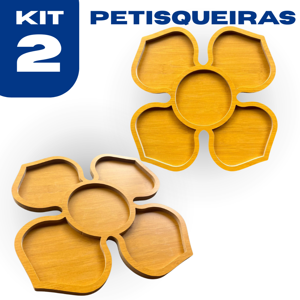 Kit C/ 2 Petisqueira MDF Gamela Fomato de Flor 5 Divisorias - Para Servir Petiscos - Churrasco - Frios - Fundue