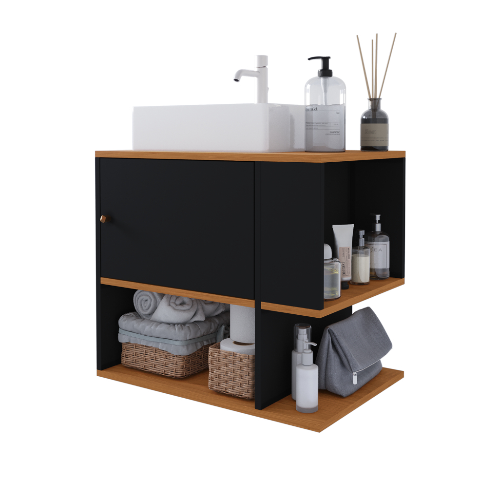 Gabinete De Banheiro Armario 60cm Moderno Pratico Para Banheiro Cor Preto -CASA LGM