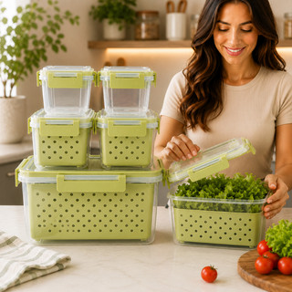 Organizador com 5 Potes Herméticos Geladeira Com Tampa e Cesto Escorredor Kit