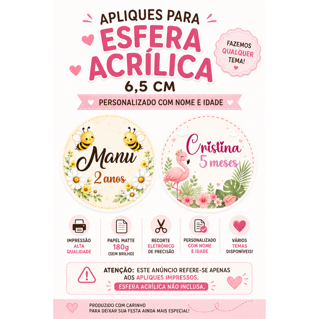 ENVIO RÁPIDO Aplique Para Esfera Acrílica 6,5cm Personalizado Qualquer Tema Festa Infantil Bola Acrílica Lembrancinha
