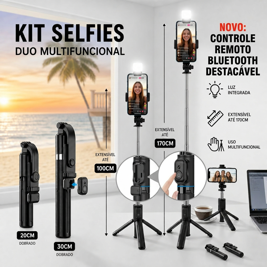 Pau de Selfie Tripé com Luz LED Recarregável Bluetooth Extensível e Portátil para Celular