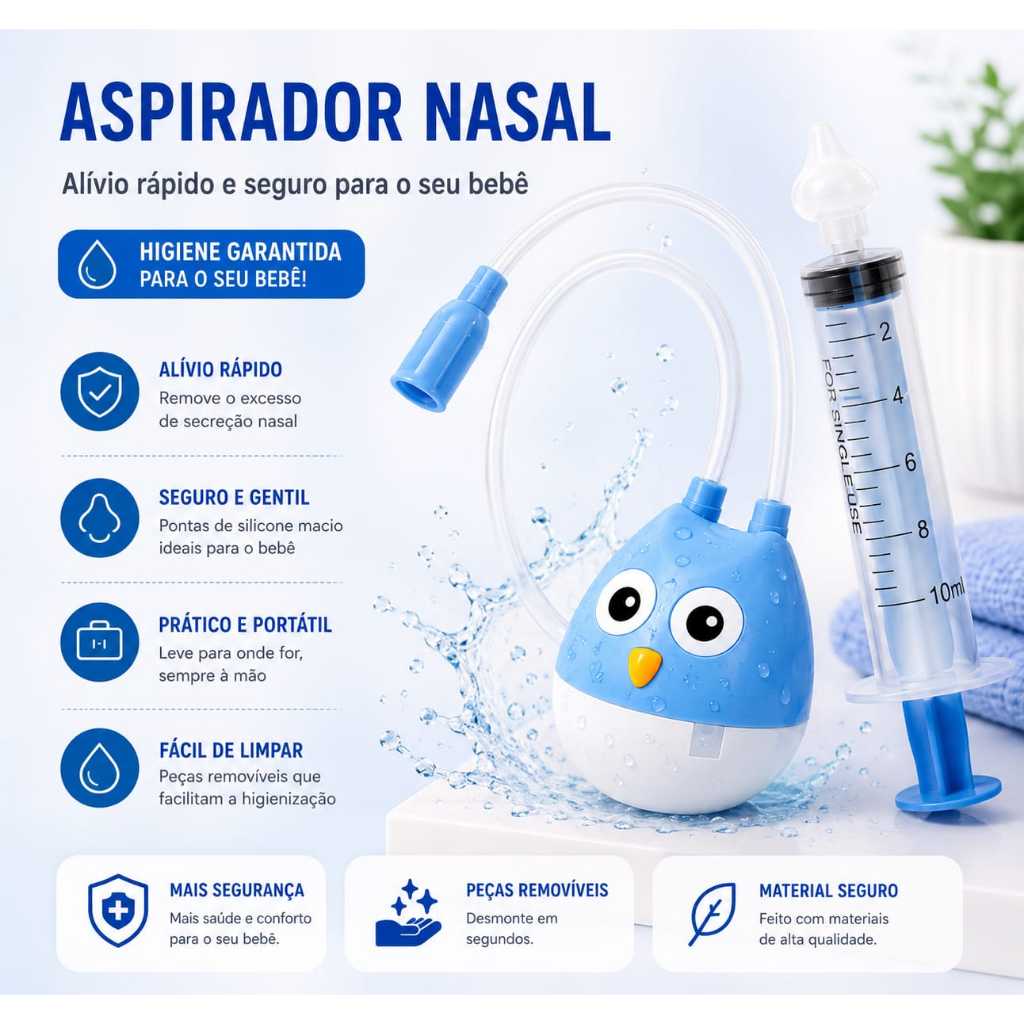 Aspirador Nasal Infantil com ou sem Seringa Praticidade e Higiene do Bebê Nariz Sugador Catarro