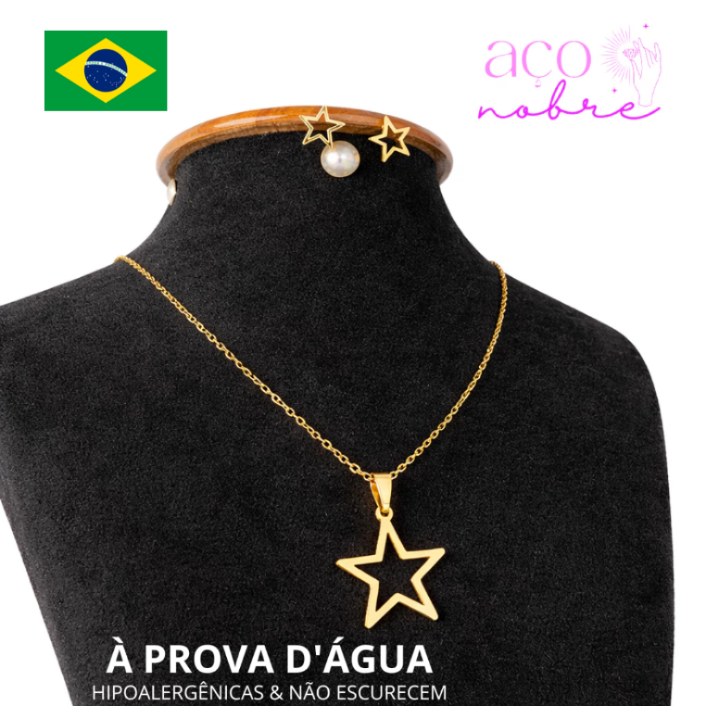 Kit Colar e Brinco Estrela Vazada Aço inox Não Escurece Nunca Hipoalergênicas Conjunto Brasil Colar