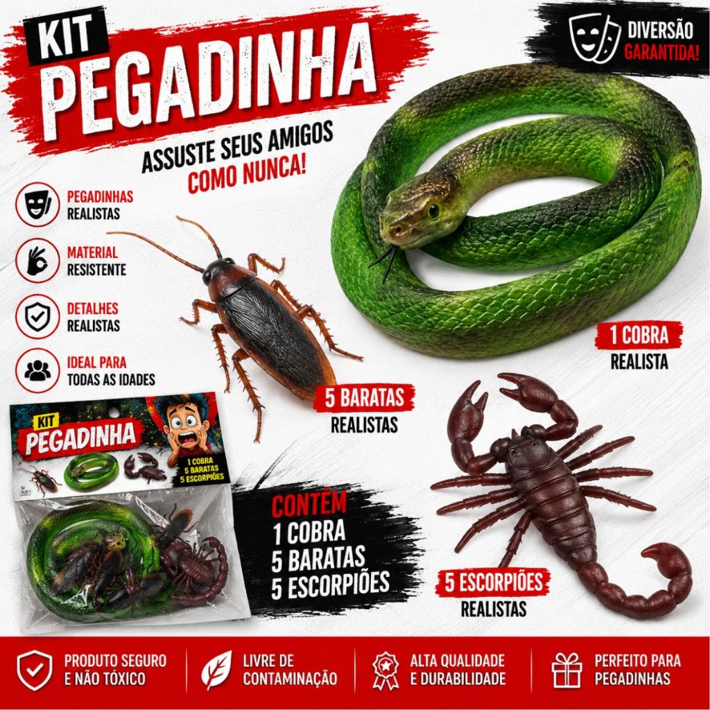 Kit Pegadinha Assustar Amigos Brinquedo Realista Barata Cobra Escorpião