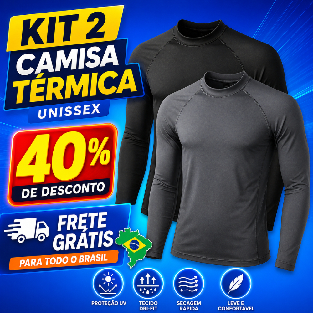 Kit 2 Camisa Térmica Segunda Pele Proteção UV50+ Malha Manga Longa Unissex Academia Esportes DryFit
