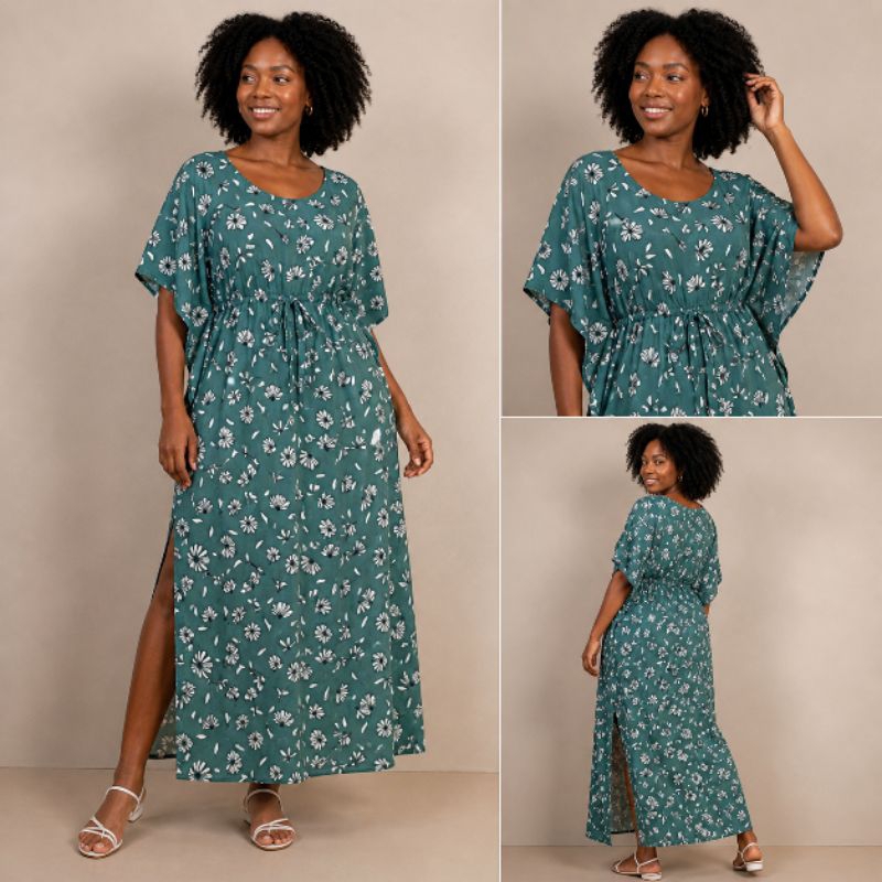 Kaftan longo verde estampa floral - Vestido longo kaftan ajustável na cintura romântico - xamanismo - boho - pachamama