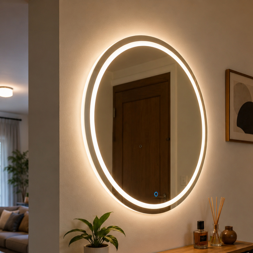 Espelho Jateado Redondo Grande com 3 Cores LED Touch Lapidado Decoração de Parede 60X60 CM · foto 2