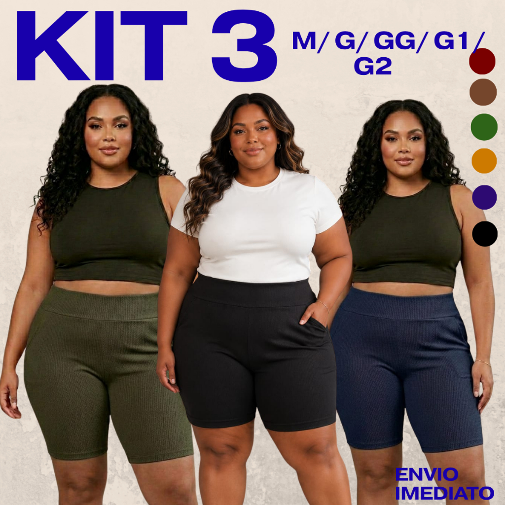 kit 3 Bermuda Feminina Short Longo Cós Alto Malha Bolso Dia a Dia