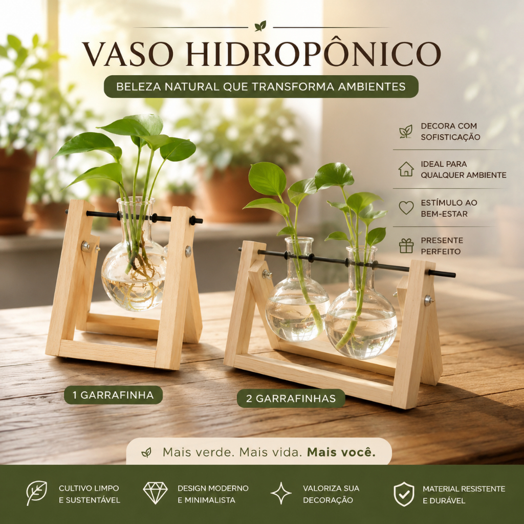 Conjunto Vasinha de Vidro Bulbo Com Suporte De Madeira Duplo vaso de planta