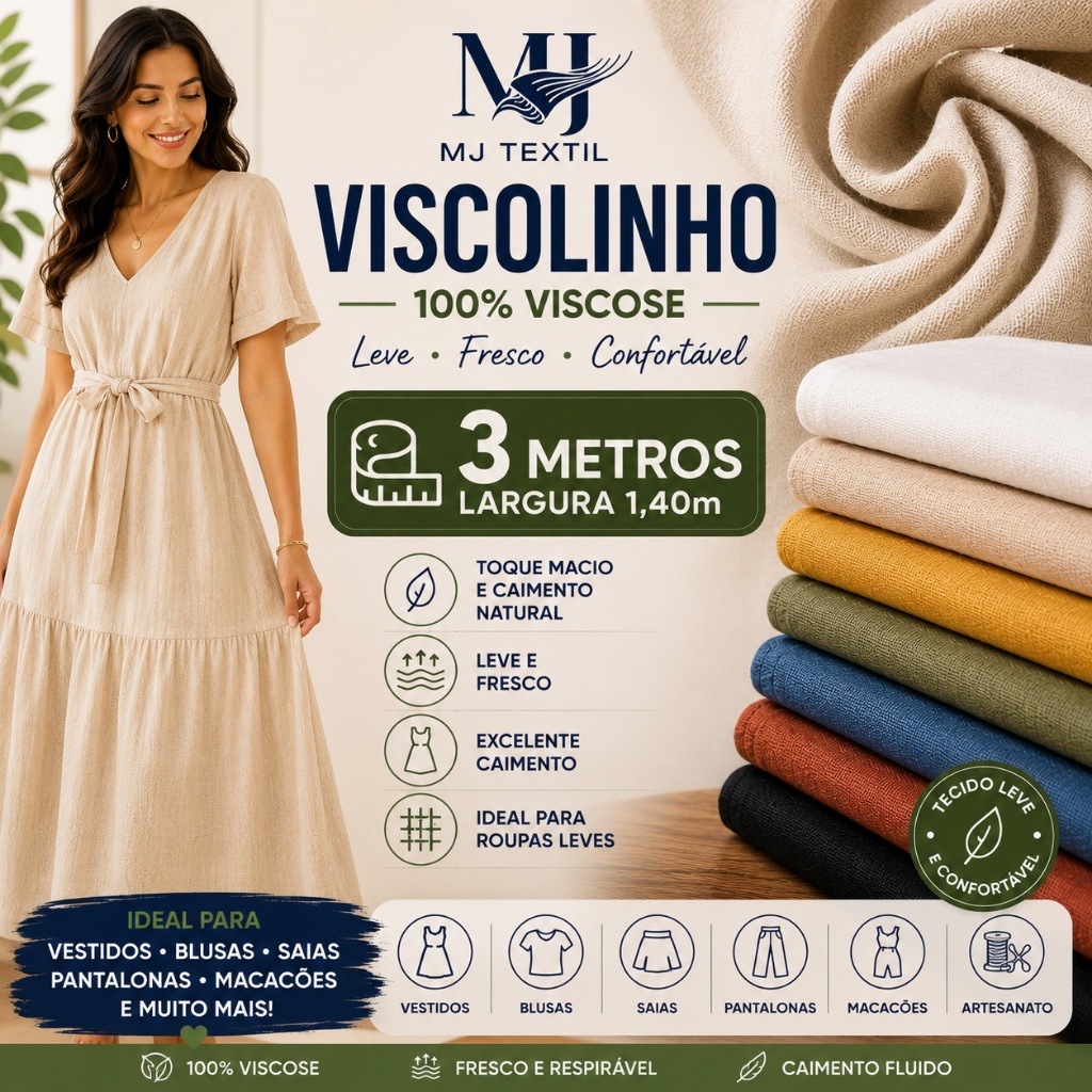 3 Metros Tecido Viscolinho 100% Viscose | Leve, Fresco e Ideal para Vestidos, Blusas e Moda Verão | 1,40m Largura
