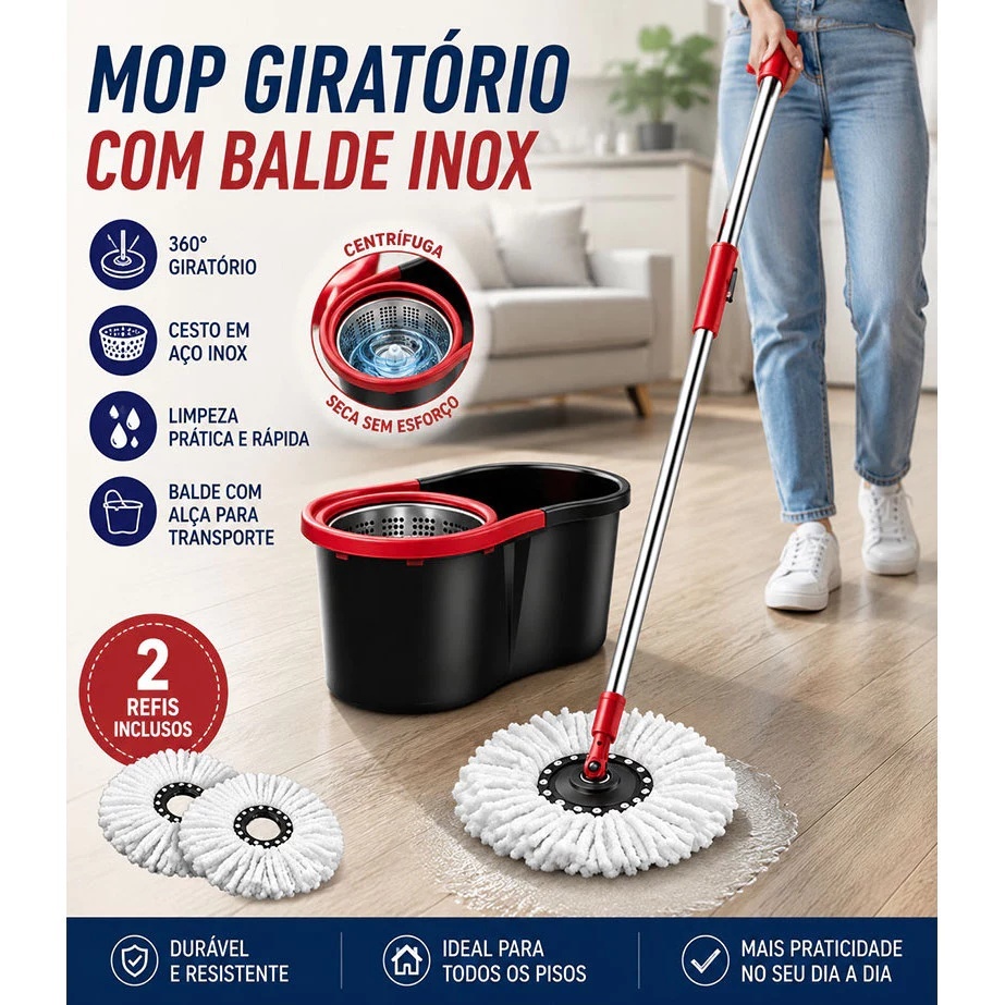 Mop Cesto Aço Inox giratório 360° Dosador de Detergente Cabo Aço Inox Com Balde