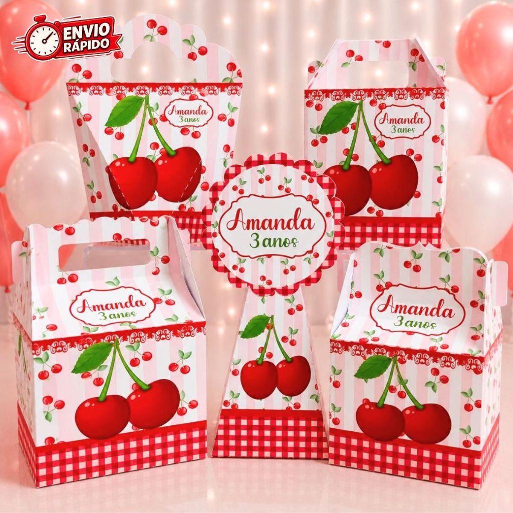 Kit 50 Caixas Cereja/Cerejinha (PEGUE E MONTE) -lembrancinha -aniversario -caixinhas personalizadas-aniversário