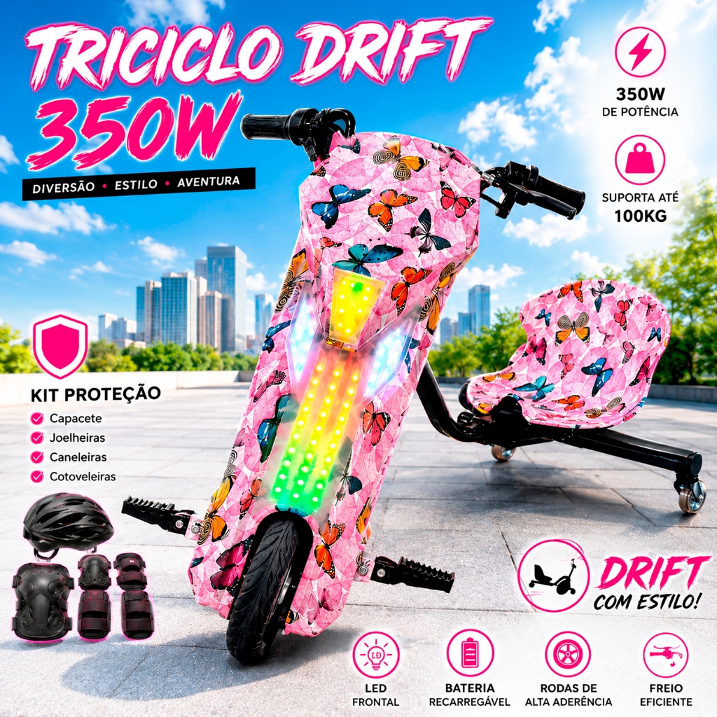 Triciclo Elétrico Drift Driftting Infantil Adultos em Ação 350w Super LED + Kit Proteção
