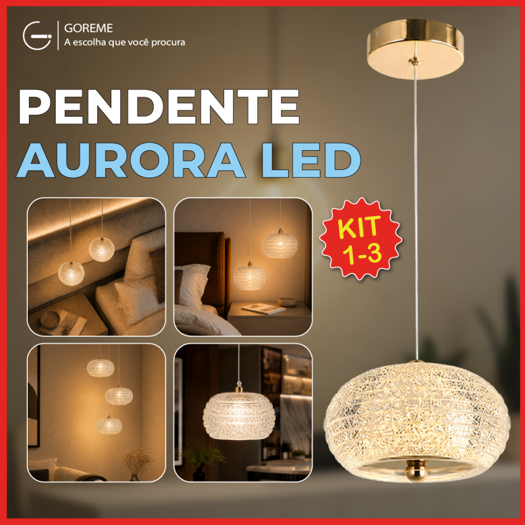 Kit 1/2/3 Luminária Pendente LED Cristal Aurora Dourado Luxo 3 Tons de Luz Bivolt