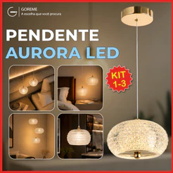 Kit 1/2/3 Luminária Pendente LED Cristal Aurora Dourado Luxo 3 Tons de Luz Bivolt