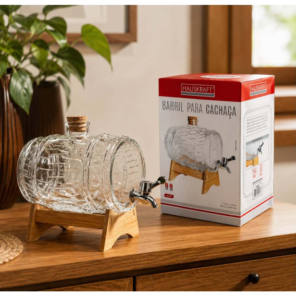 Barril Para Cachaça Vidro Com Suporte Madeira 1 L