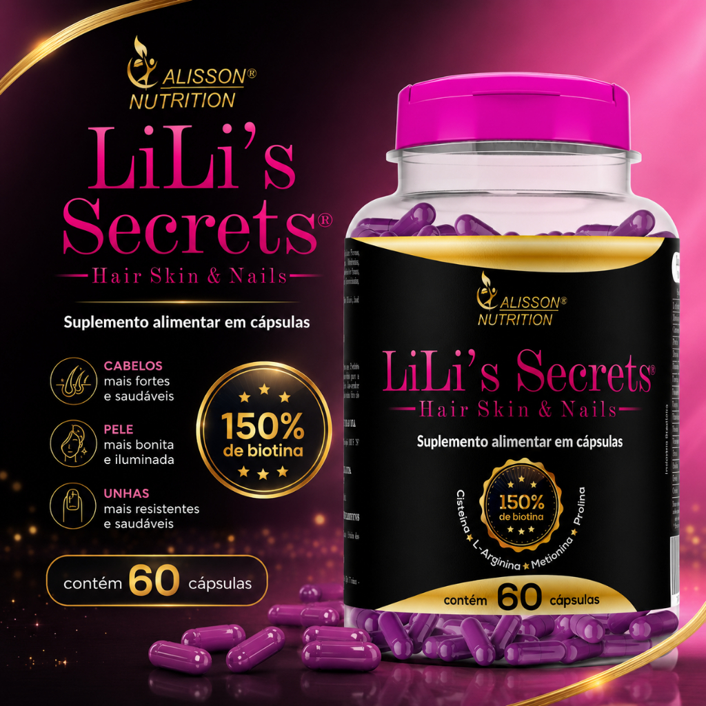 LiLi’s Secrets Hair Skin & Nails 60 Cápsulas Alisson Nutrition – Biotina, Cisteína, L-Arginina, Metionina e Prolina