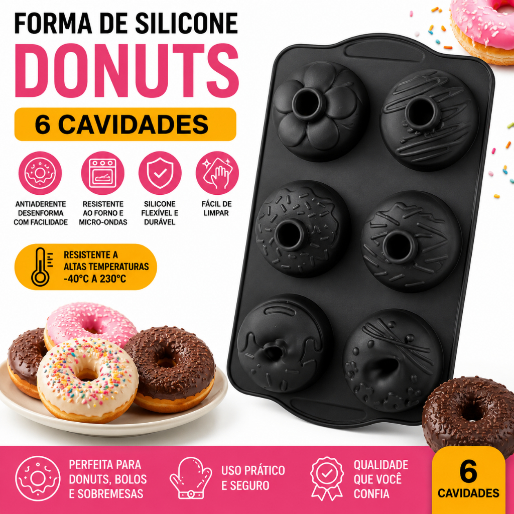 Forma Silicone Donuts 6 Cavidades Antiaderente Assadeira Molde Bolo Resistente