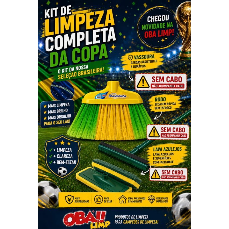 kit limpeza da copa vassoura+rodo+lava azulejo da seleção Brasileira verde e amarelo