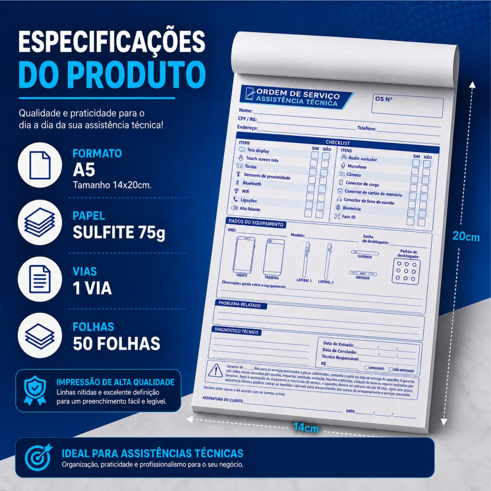 Ordem de Serviço para Assistência Técnica de Celulares | Bloco com 50 Fls