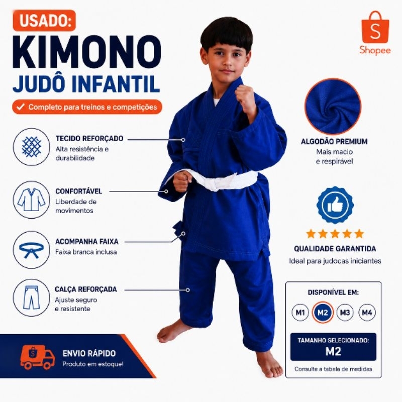 Kimono Jiu-jitsu Judô Karatê Infantil Reforçado Azul M2 Azul M2