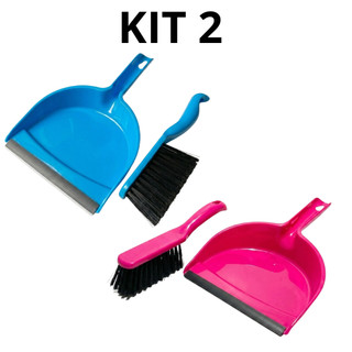 Kit 2 Conjunto Vassourinha e Pá Plástico Resistente Cores Sortidas Multiuso Limpeza Casa