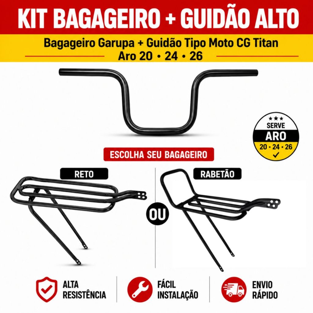 Kit Bagageiro Garupa Bike Aro 20 24 26 + Guidão Alto Tipo Moto Cg Titan