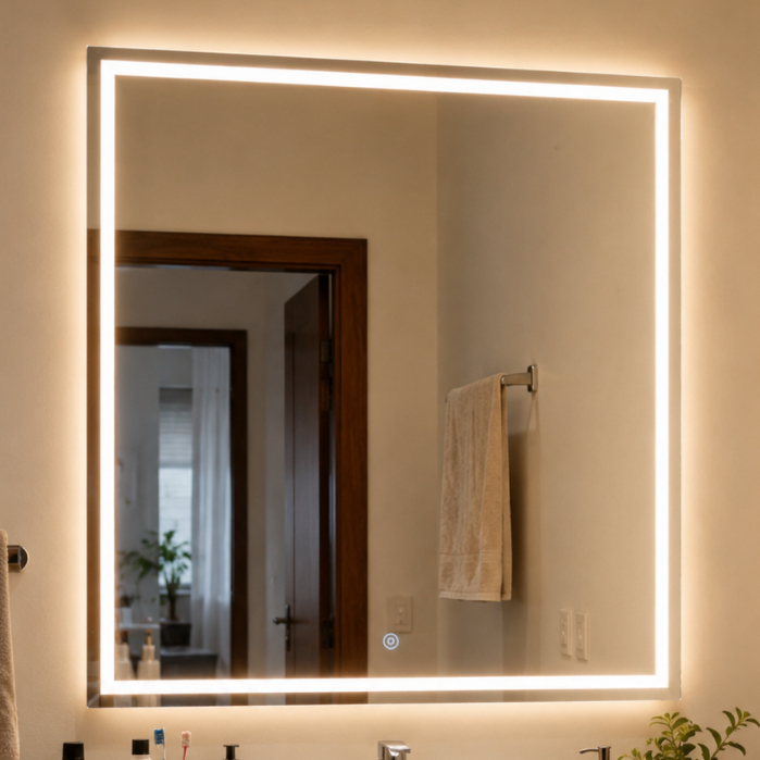 Espelho Quadrado Grande 90x90 Jateado com LED 3 Cores e Botão Touch Banheiro lux