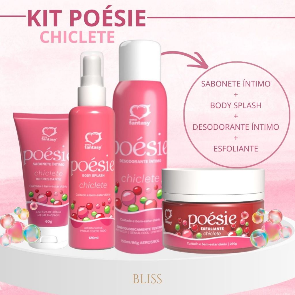 Kit Completo Poésie Chiclete - Sabonete Íntimo  Desodorante Íntimo  Body Splash  Esfoliante Corporal