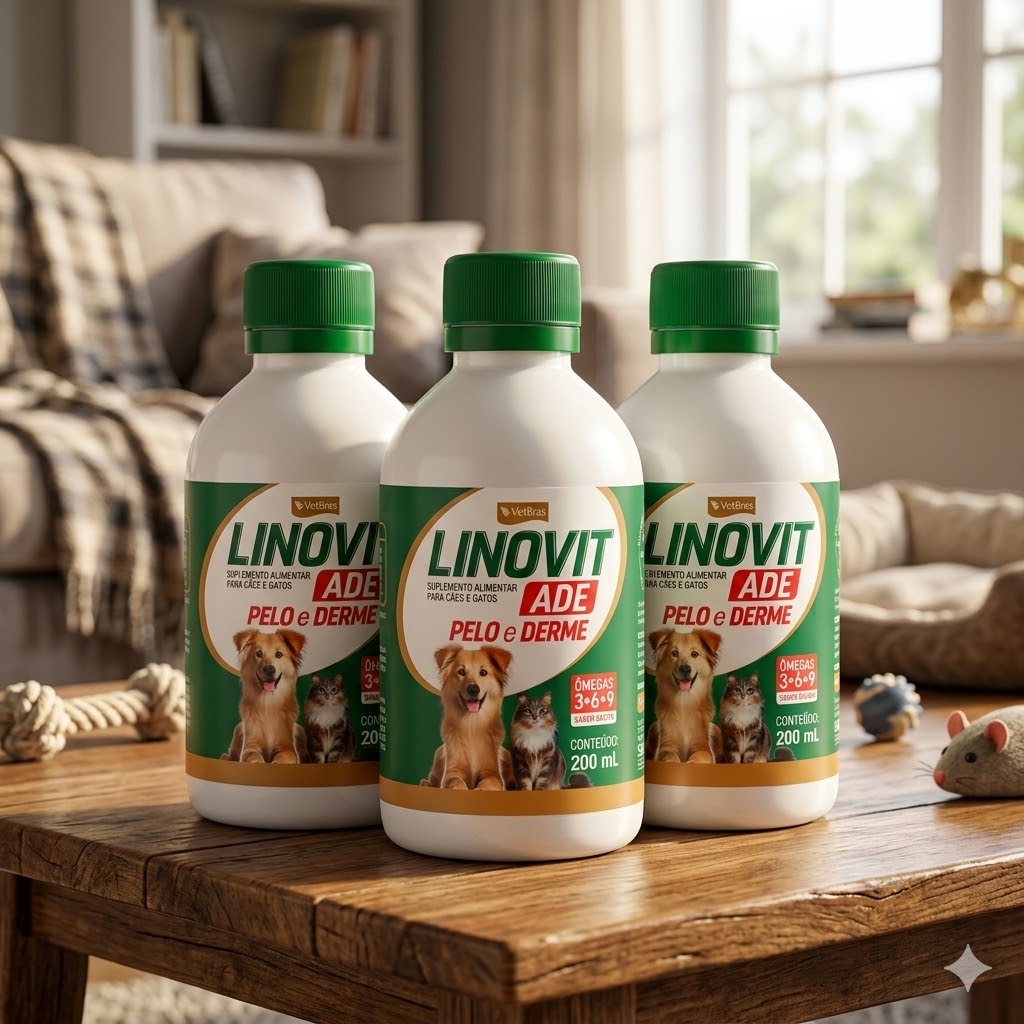 Kit com 3 Linovit ADE 200ml | Suplemento Vitaminico para Cães e Gatos Ômega 3 6 9 gatos cachorros