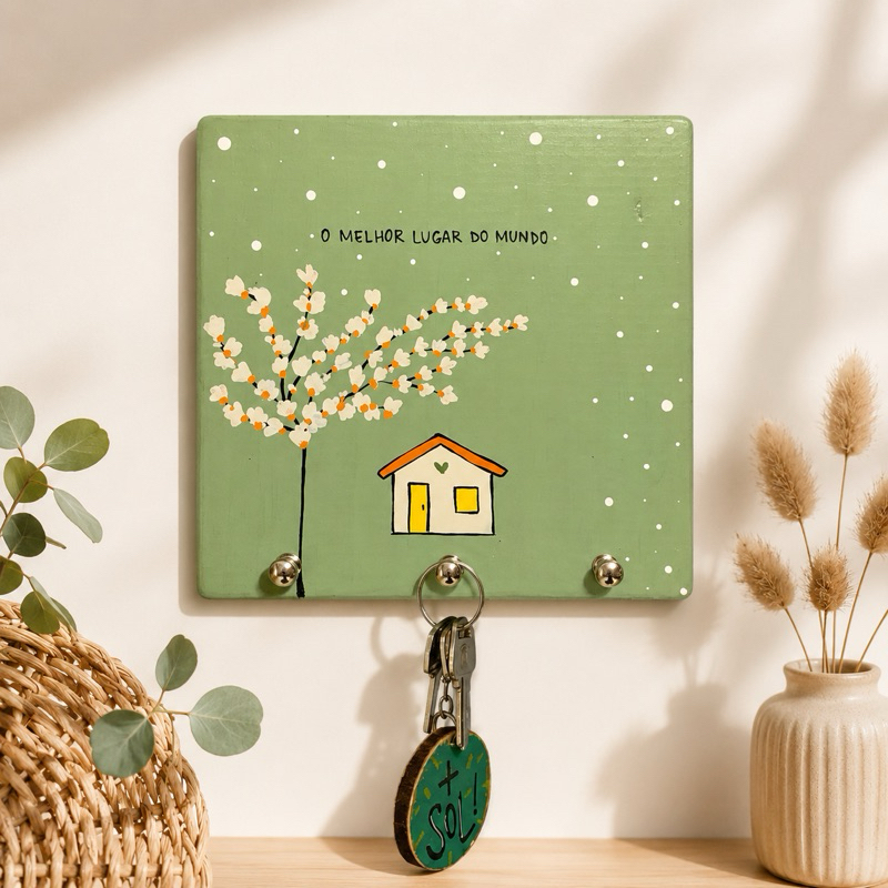 Porta Chaves Decorativo em Madeira | O melhor lugar do mundo | Feito à mão | 19x19 cm