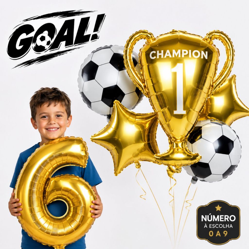 Kit 5 Balões Futebol + Número Dourado Troféu  Estrela e Bola Metalizados Festa Decoração Aniversário