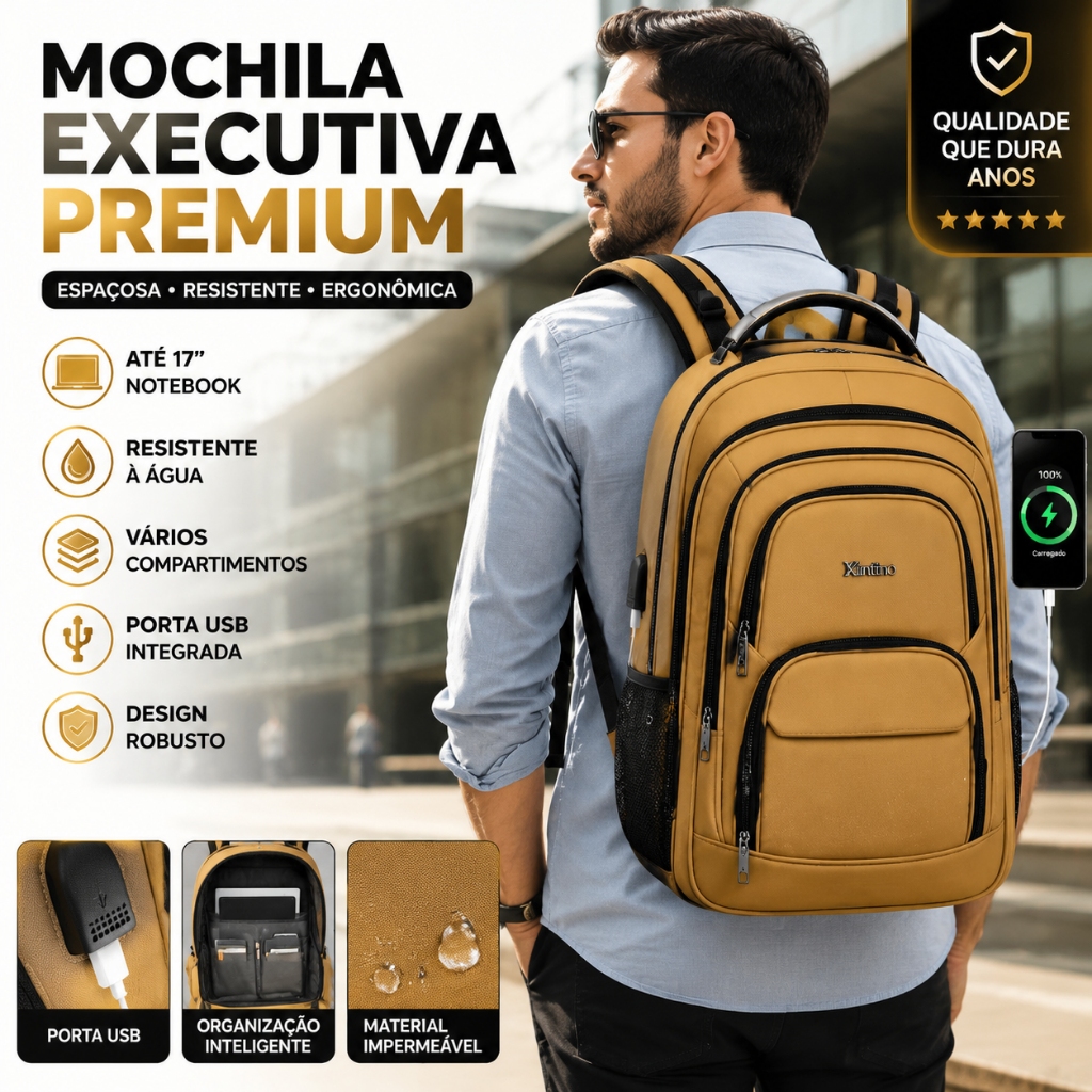 Mochila para Notebook 22” Executiva Antifurto USB Reforçada Resistente à Água Trabalho Escolar Viagem Kintino Premium