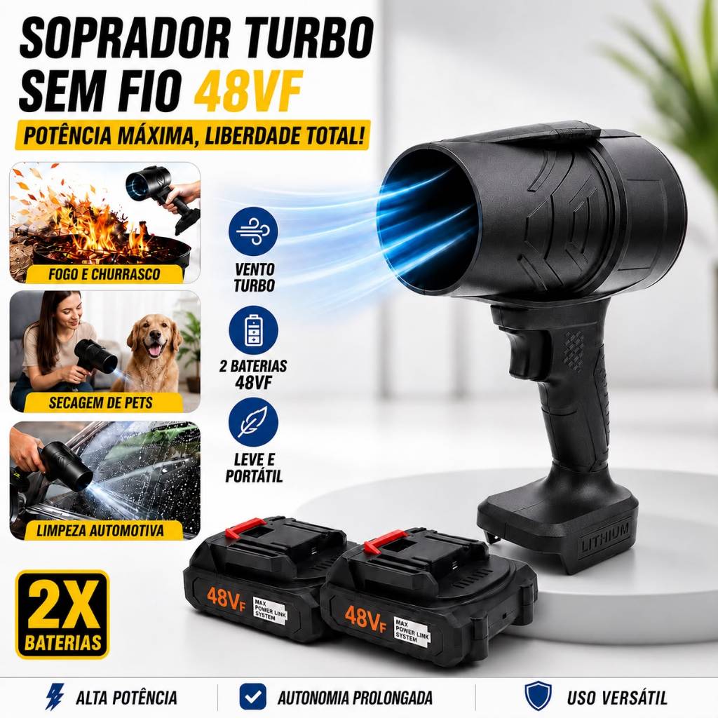 Soprador de Folhas Elétrico 48V Sem Fio Recarregável com 2 Baterias | Turbo Potente para Jardim, Carro e Limpeza
