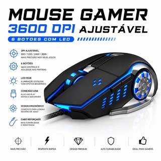 Mouse Gamer 3600 DPI ajustável 6 Botoes Com LED Iluminado RGB Com Fio USB Para Jogos
