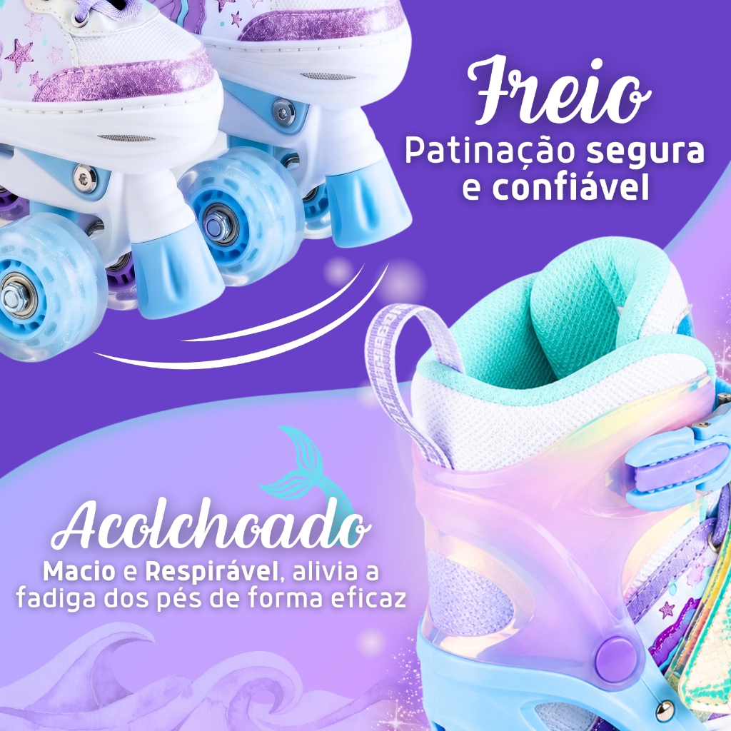 Patins Infantil Quad 4 Rodas Sereia Tamanho Ajustável Com Kit Proteção Completo Menina · foto 2