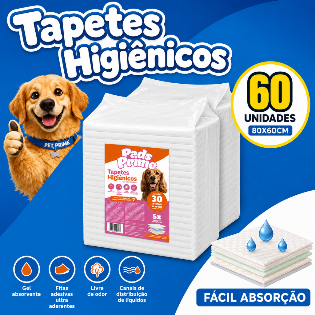 Kit 2 Tapete Higiênico PADS PRIME 80X60 30UN Descartável Ultra Absorvente