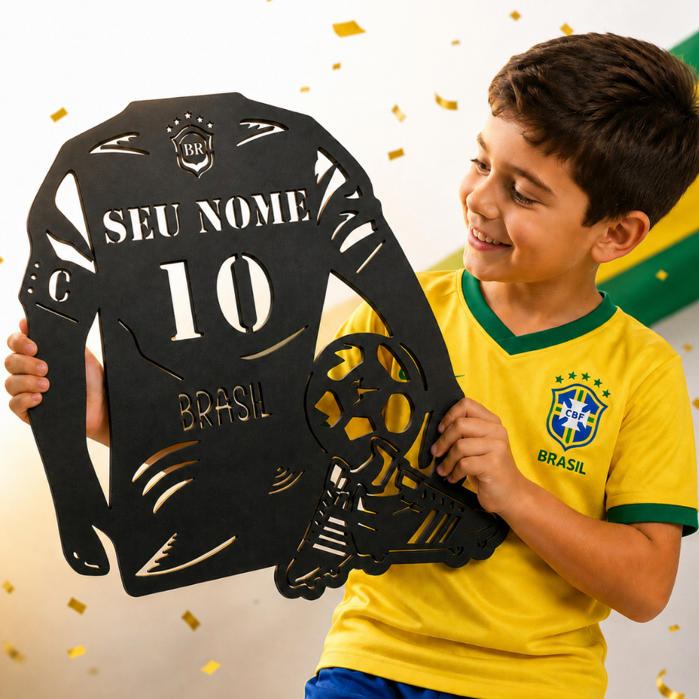 Quadro Futebol Copa Camisa Personalizada Bola Jogador em Decorativo Quarto Sala Cabeceira em Mdf