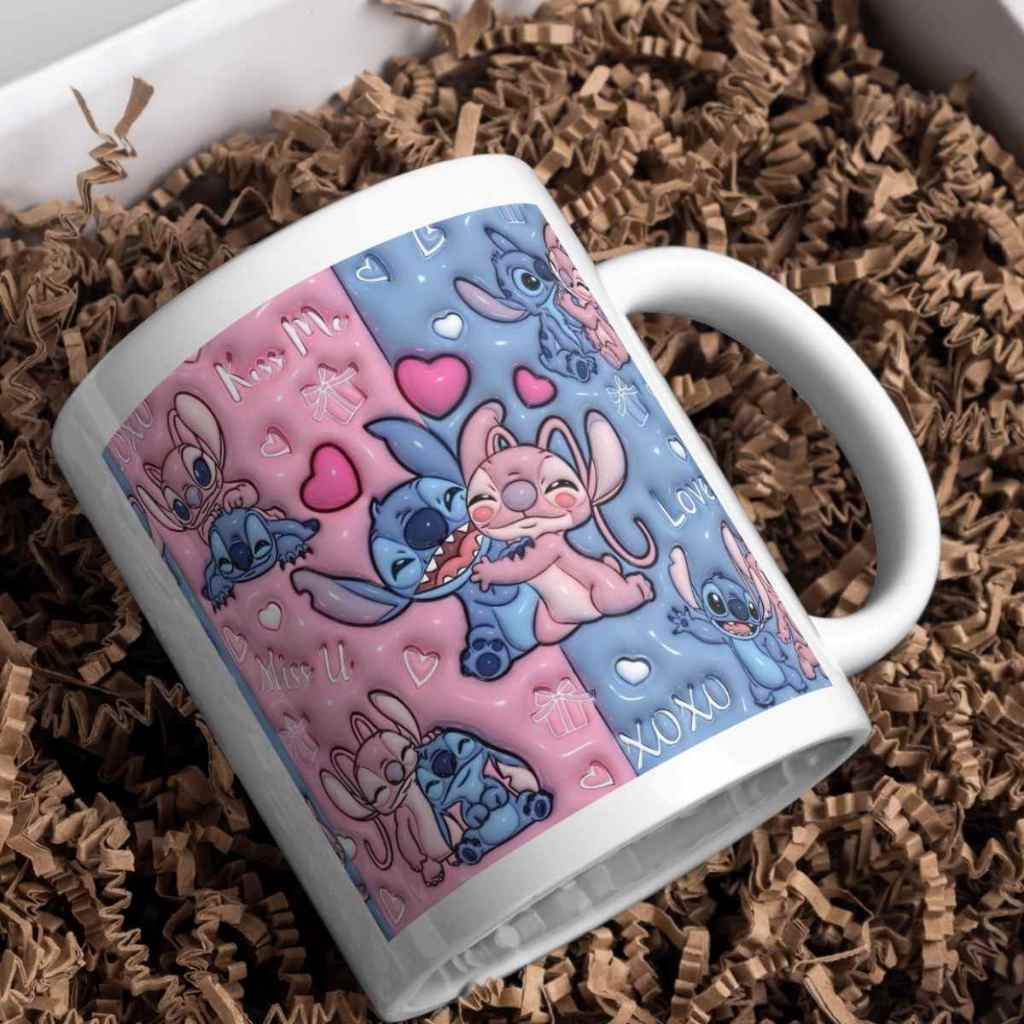 Caneca Personalizada 325ml Lilo e Stitch Xicaras com Efeito 3D Presente Ideal Infantil Porcelana Estampas Variadas