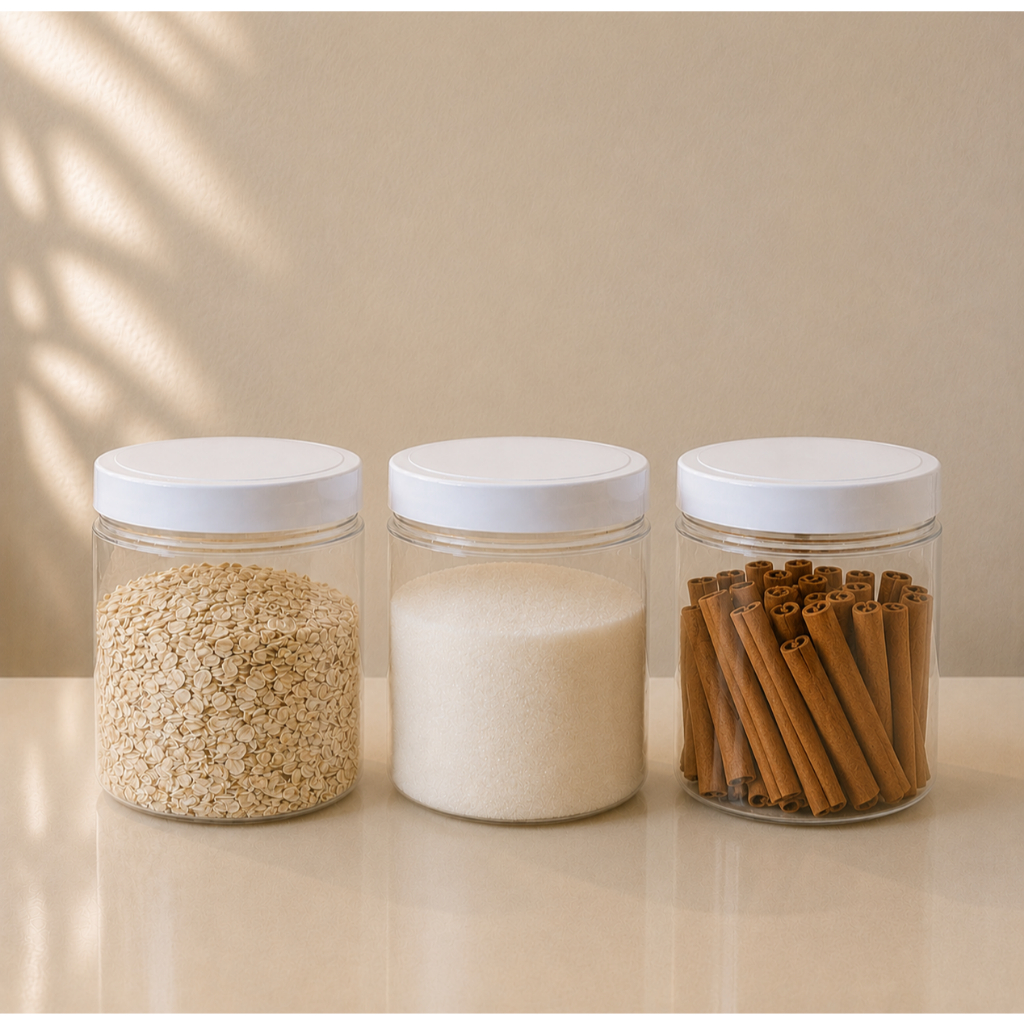 Kit 3 Potes 1000ml Reto Transparente Multiuso Minimalista Tampa Branca de Rosca Cozinha Mantimento