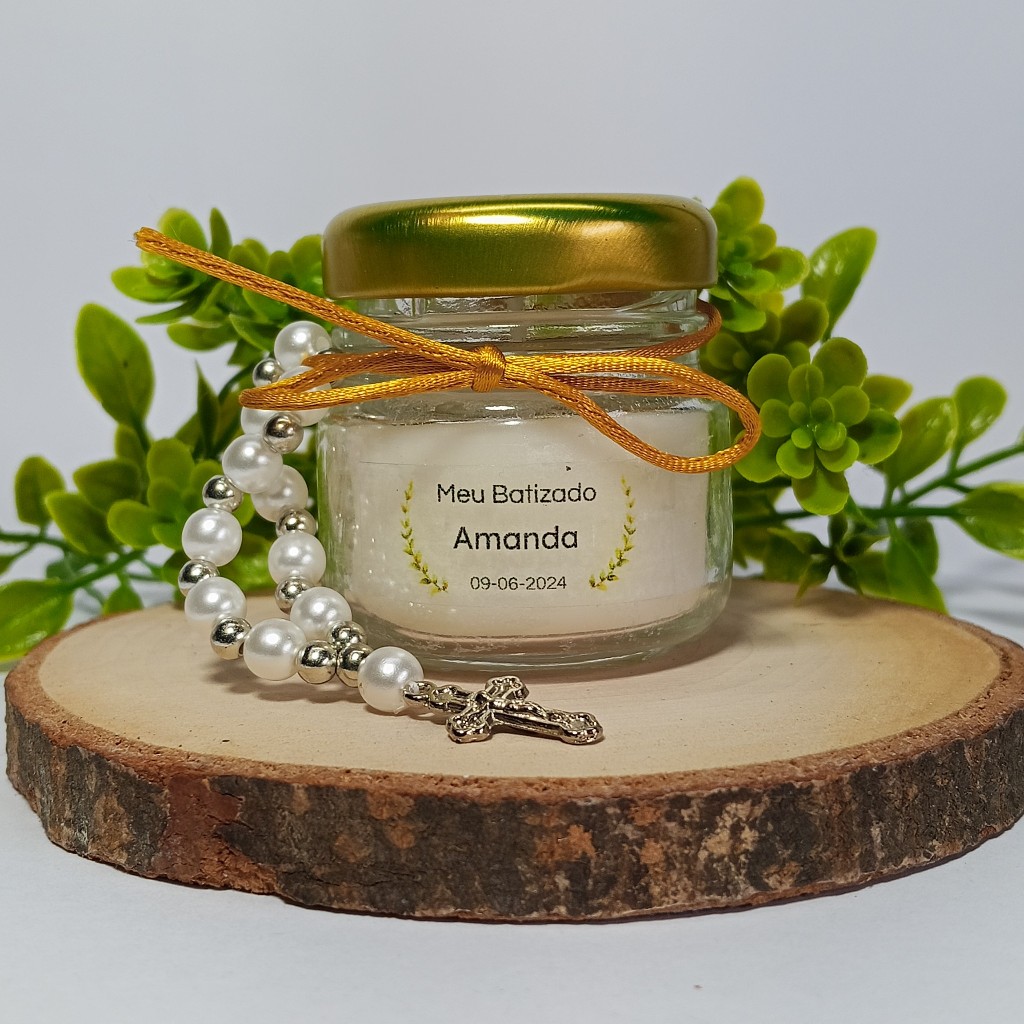 10 Lembrancinhas Velas Perfumadas Brancas com mini terço para Batizado, Crisma ou Primeira Comunhão