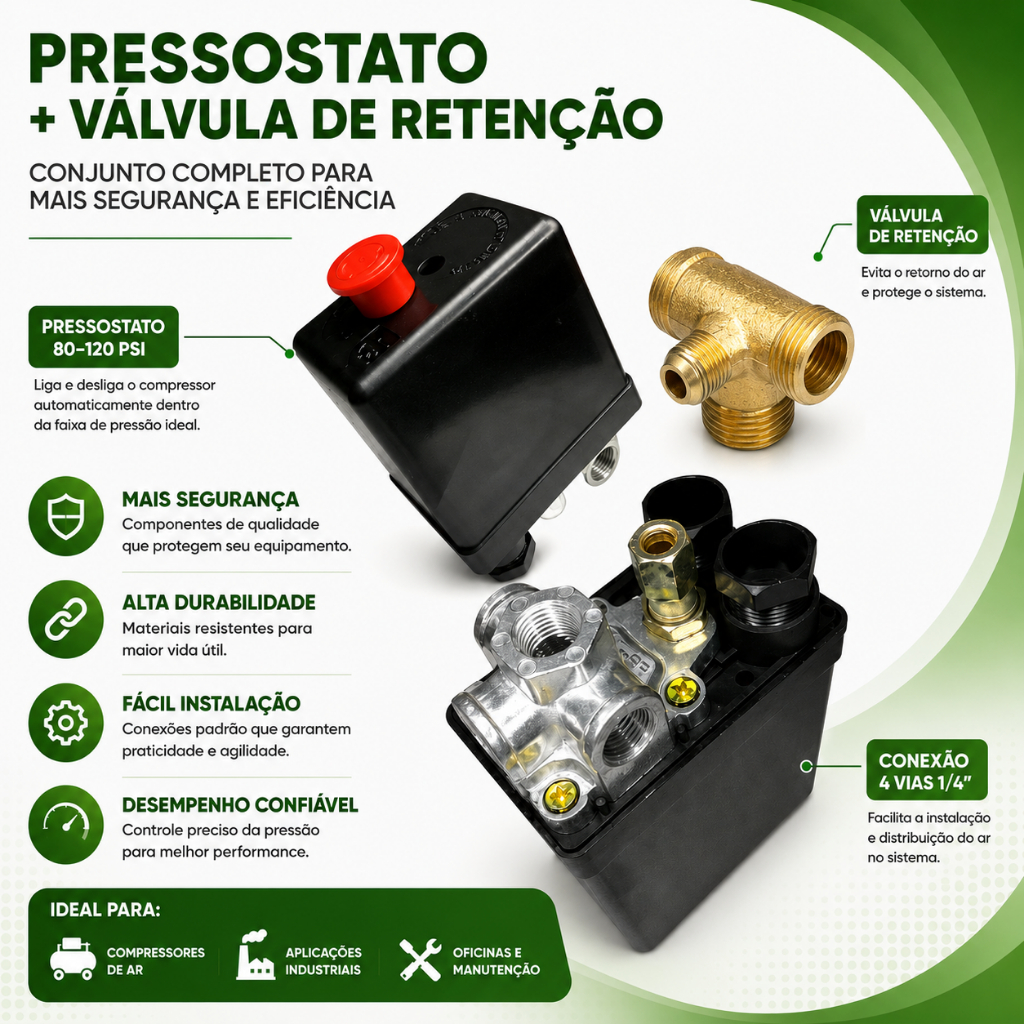 Pressostato Botão 80-120 4 Vias + Válvula De Retenção