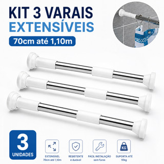 Kit 3 Varao Extensíveis 70cm a 1,10m Sem Furos Ajustável Aço Inox Multiuso Banheiro Cozinha Armário