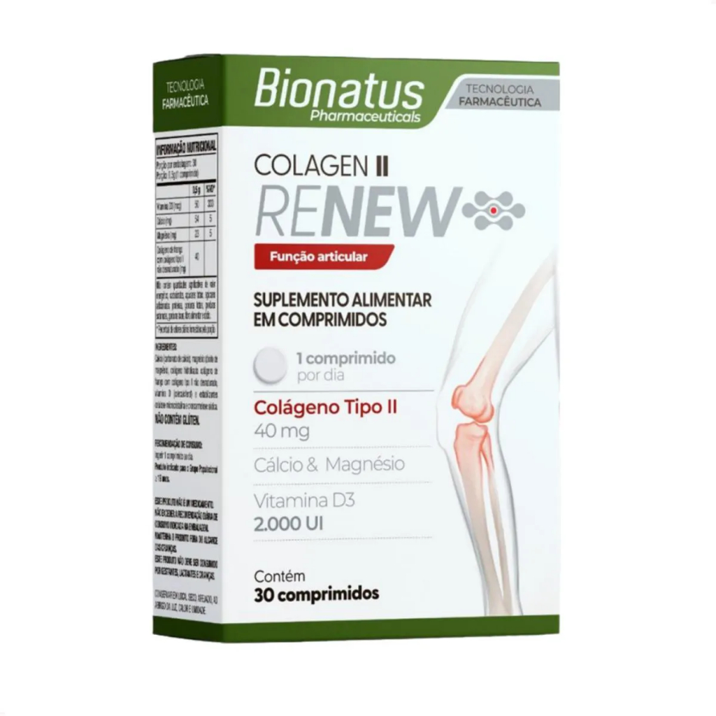 Renew Colágeno Tipo II 40mg C/ 30 comprimidos - Colágeno, Vitamina D3 e Cálcio e Magnésio